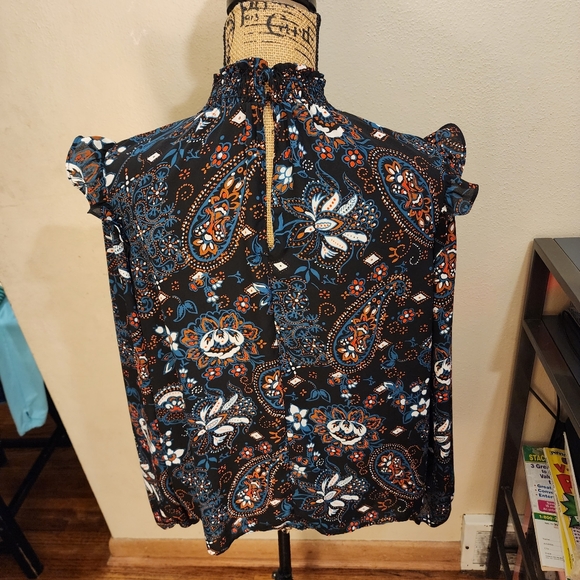 Lush Black Multicolored Floral Long Flutter Sleeve High Neck Blouse Size… - Picture 2 of 7